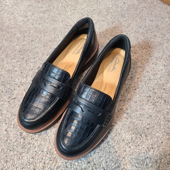Clarks Westlynn Ayla Womens Penny Loafer Sz 7 Black Croc Leather Slip-On Shoes - Picture 5 of 10